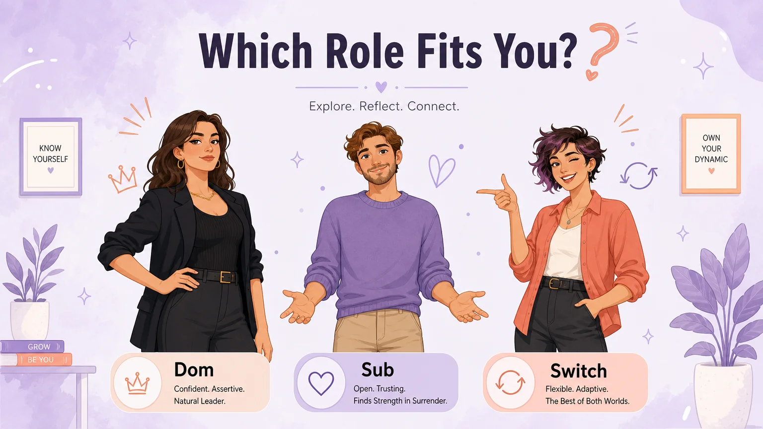 Diagnostic illustration: which role fits you — Dom, Sub, or Switch