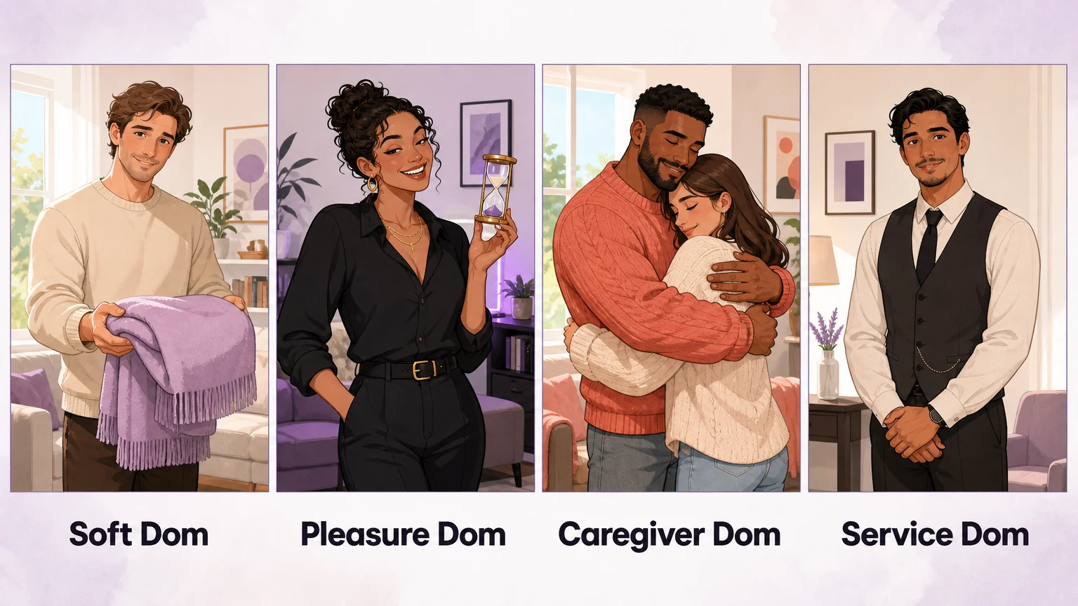 Four dom archetypes compared: soft, pleasure, caregiver, and service