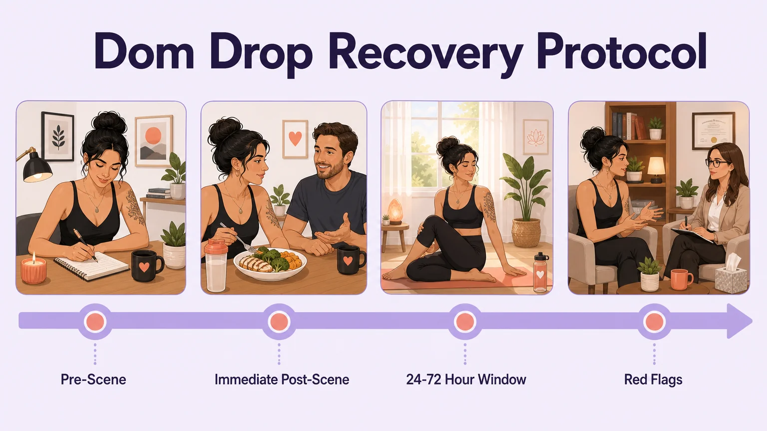 Dom drop recovery protocol timeline showing four phases: pre-scene preparation and journaling, immediate post-scene nourishment and reassurance, the 24-72 hour window with yoga and gentle activity, and red flags requiring professional support