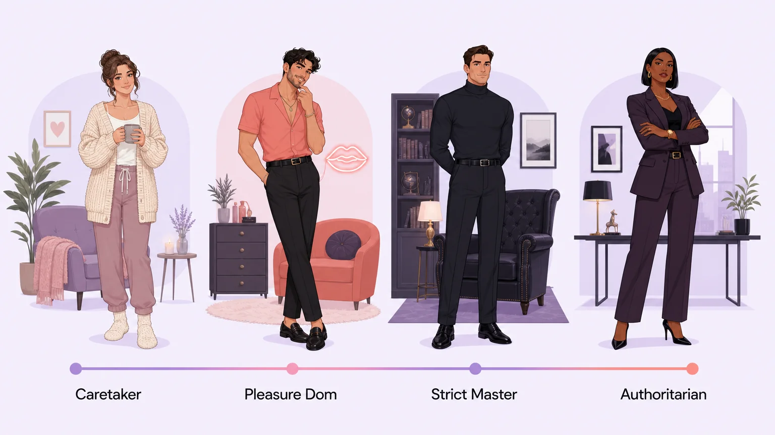 Four dom styles on a spectrum: caretaker, pleasure dom, strict master, authoritarian
