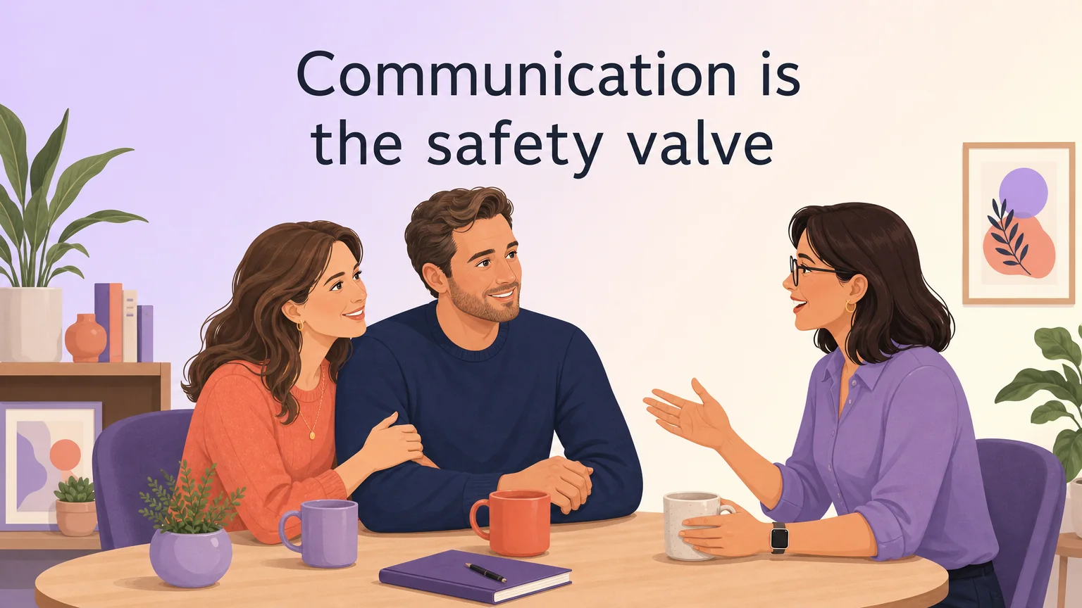 A couple and a third person talking openly at a table, communication scene