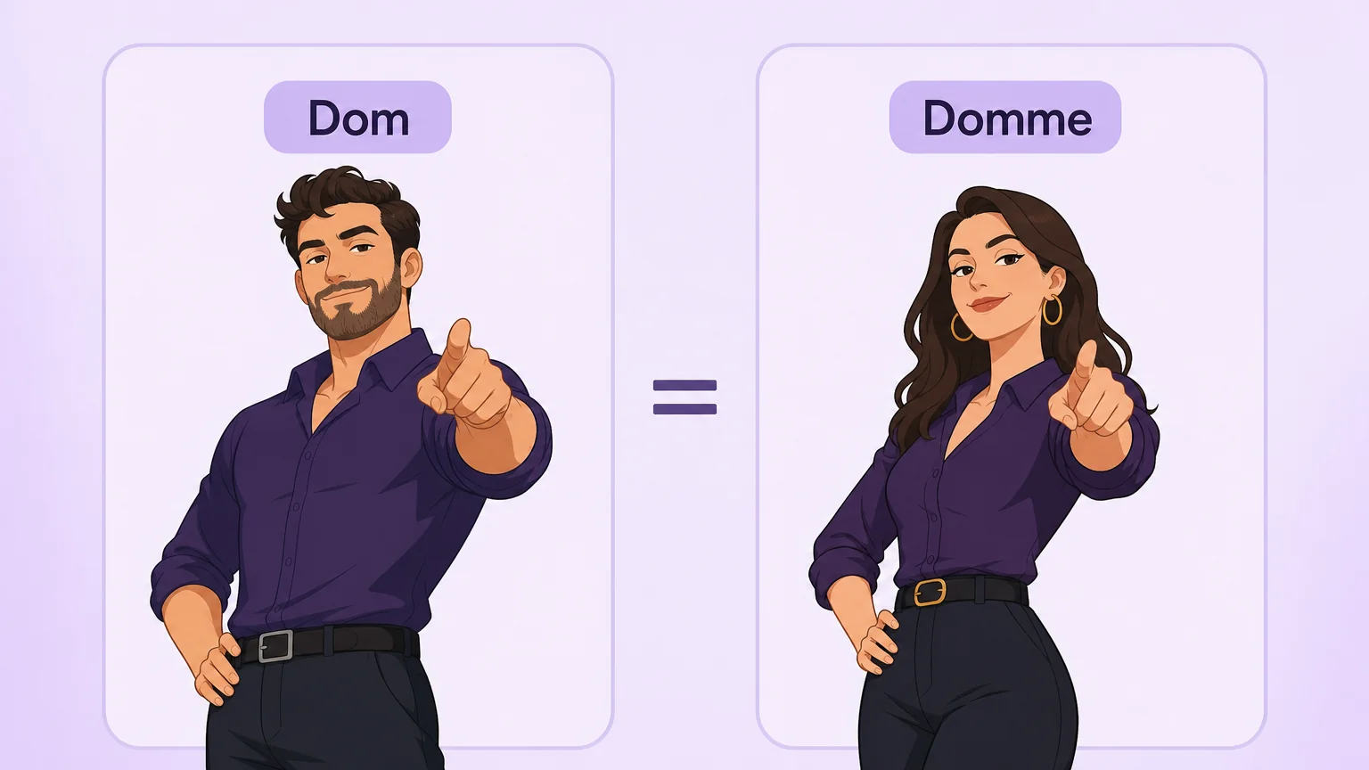 Dom vs. Domme comparison: a man labeled Dom and a woman labeled Domme, the same role shown in two mirror panels
