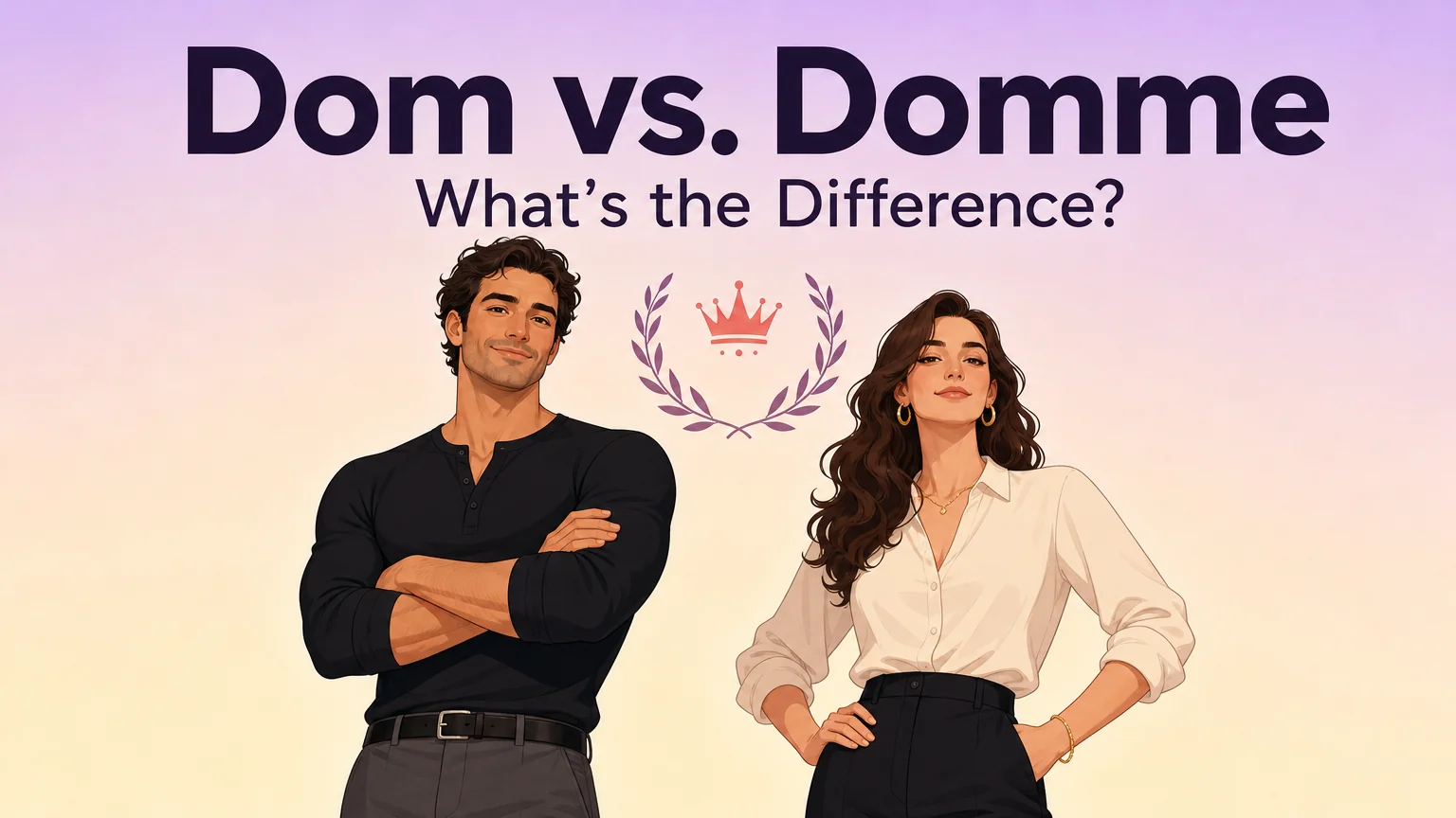 Dom vs. Domme cover: two confident adults standing as equals, one labeled Dom and one labeled Domme, under the article title