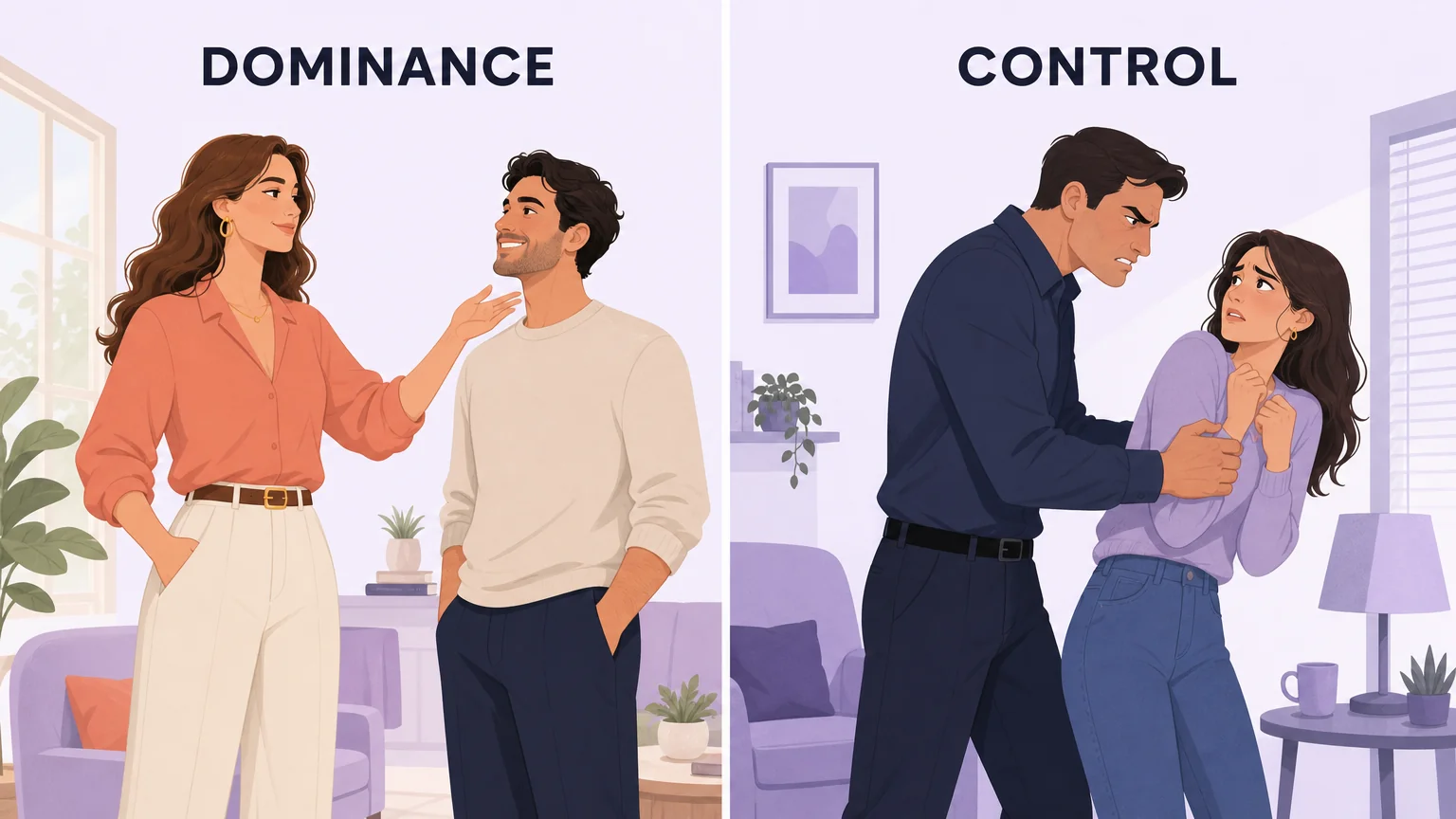 Comparison illustration of dominance as safe leadership versus control driven by anxiety