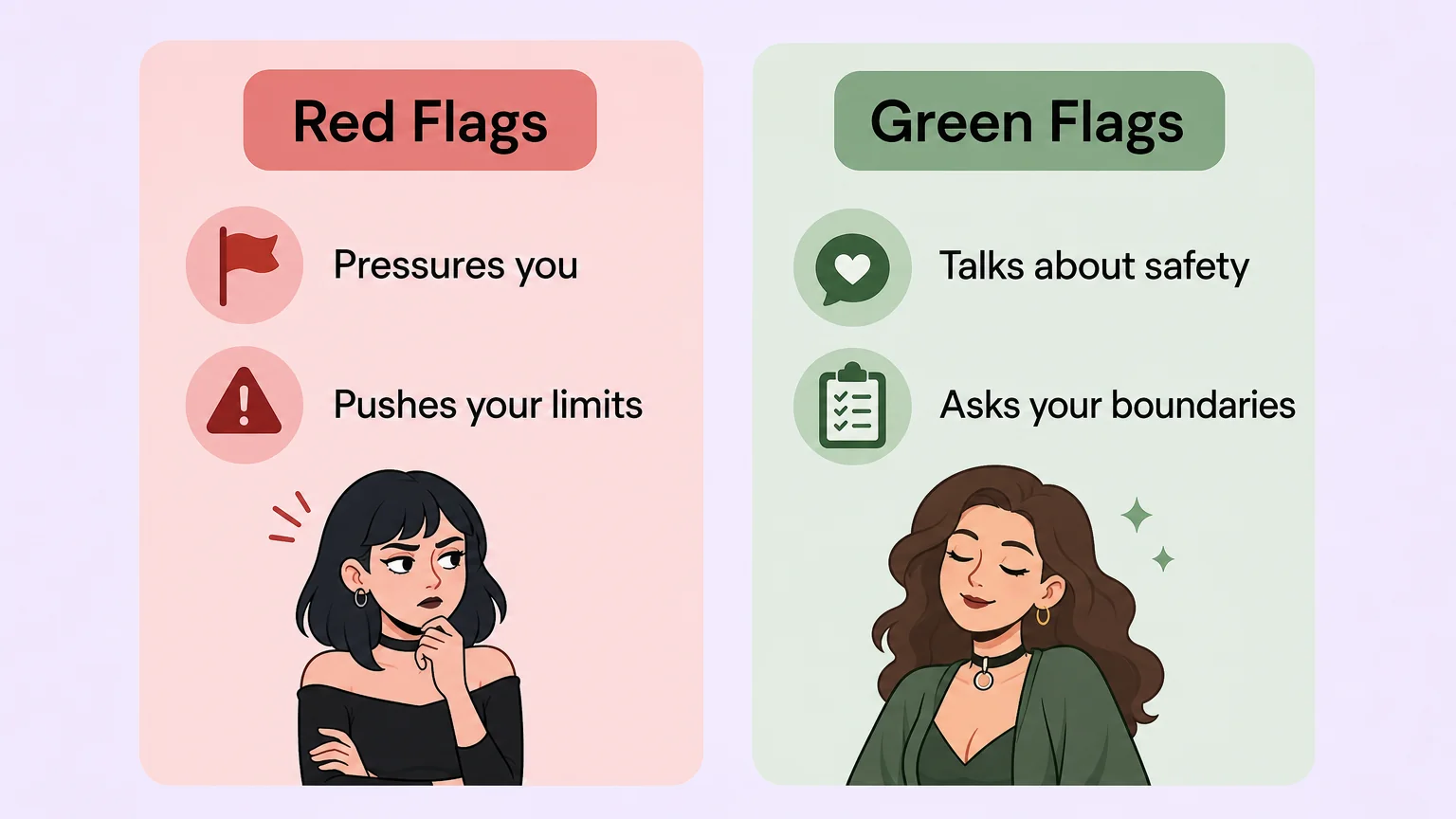 Screening card comparing red flags (pressures you, pushes your limits) and green flags (talks about safety, asks your boundaries)
