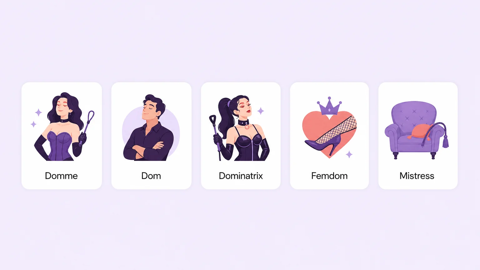 Five domme-related titles rendered as cards: Domme, Dom, Dominatrix, Femdom, and Mistress