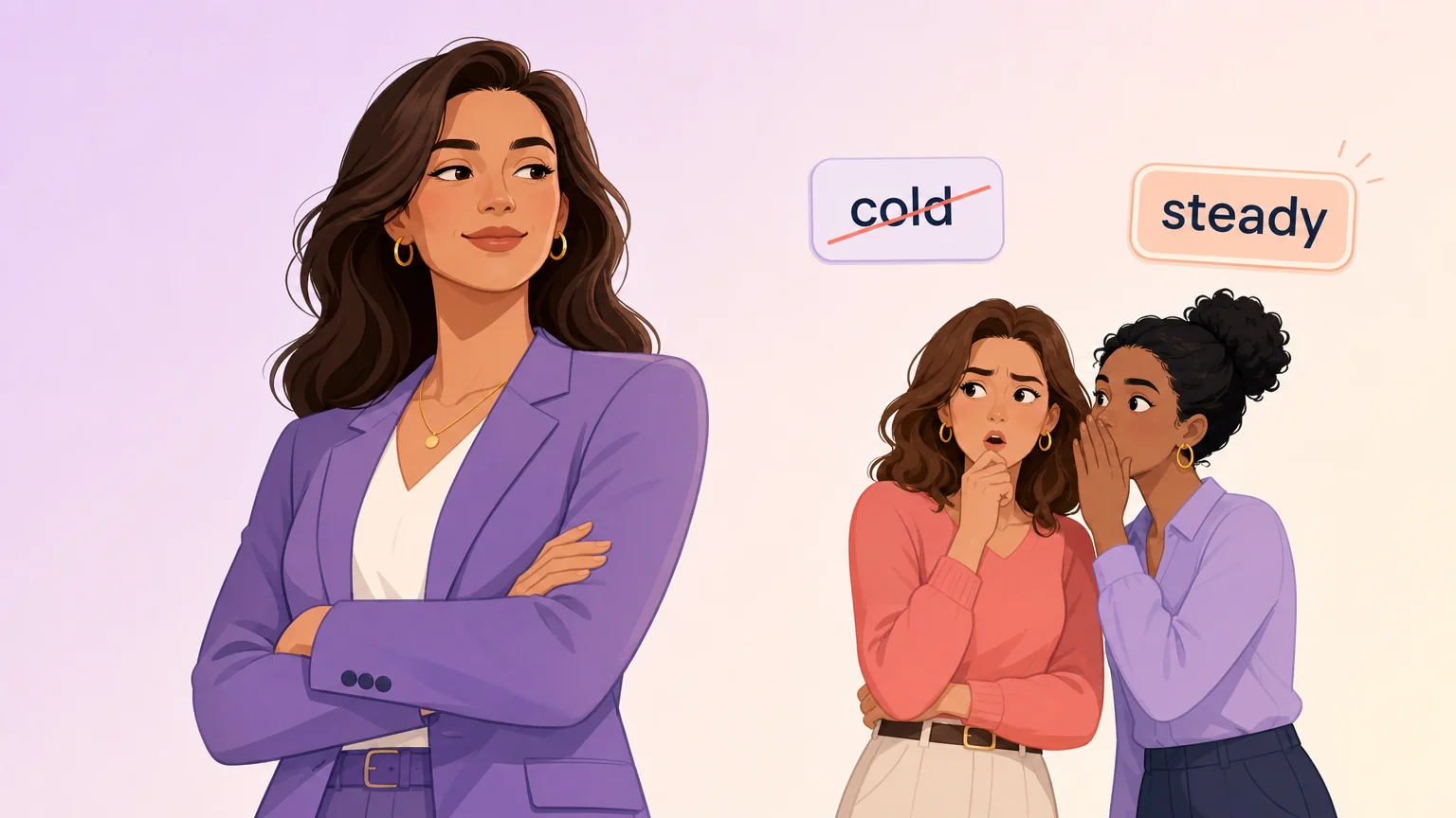 The double standard: a calm female dominant with onlookers judging her, steady versus cold