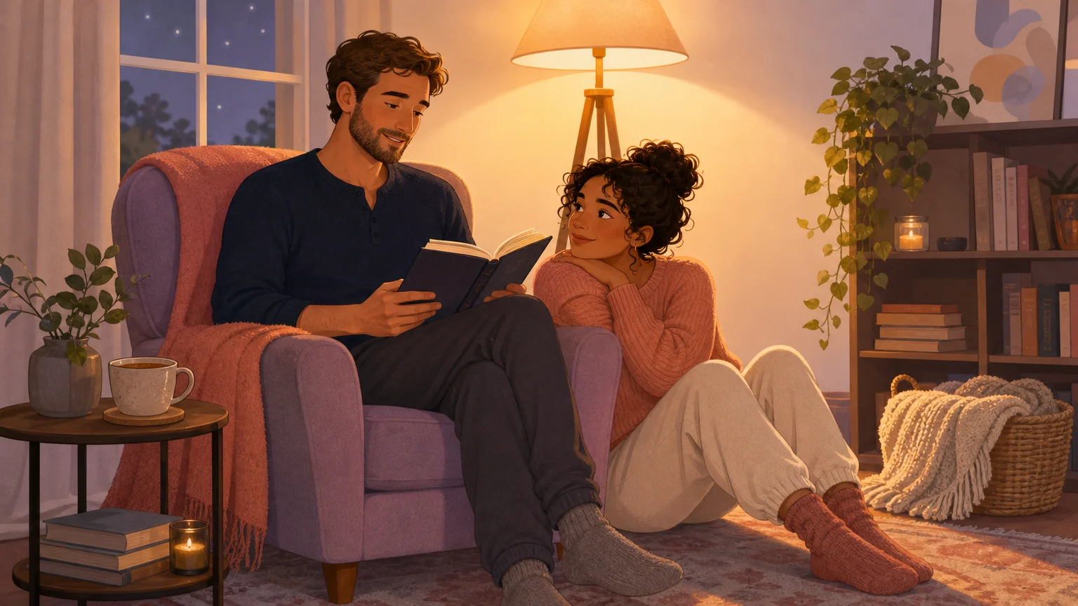 Two adults sharing a warm evening reading ritual — one reading aloud from an armchair, the other listening peacefully nearby