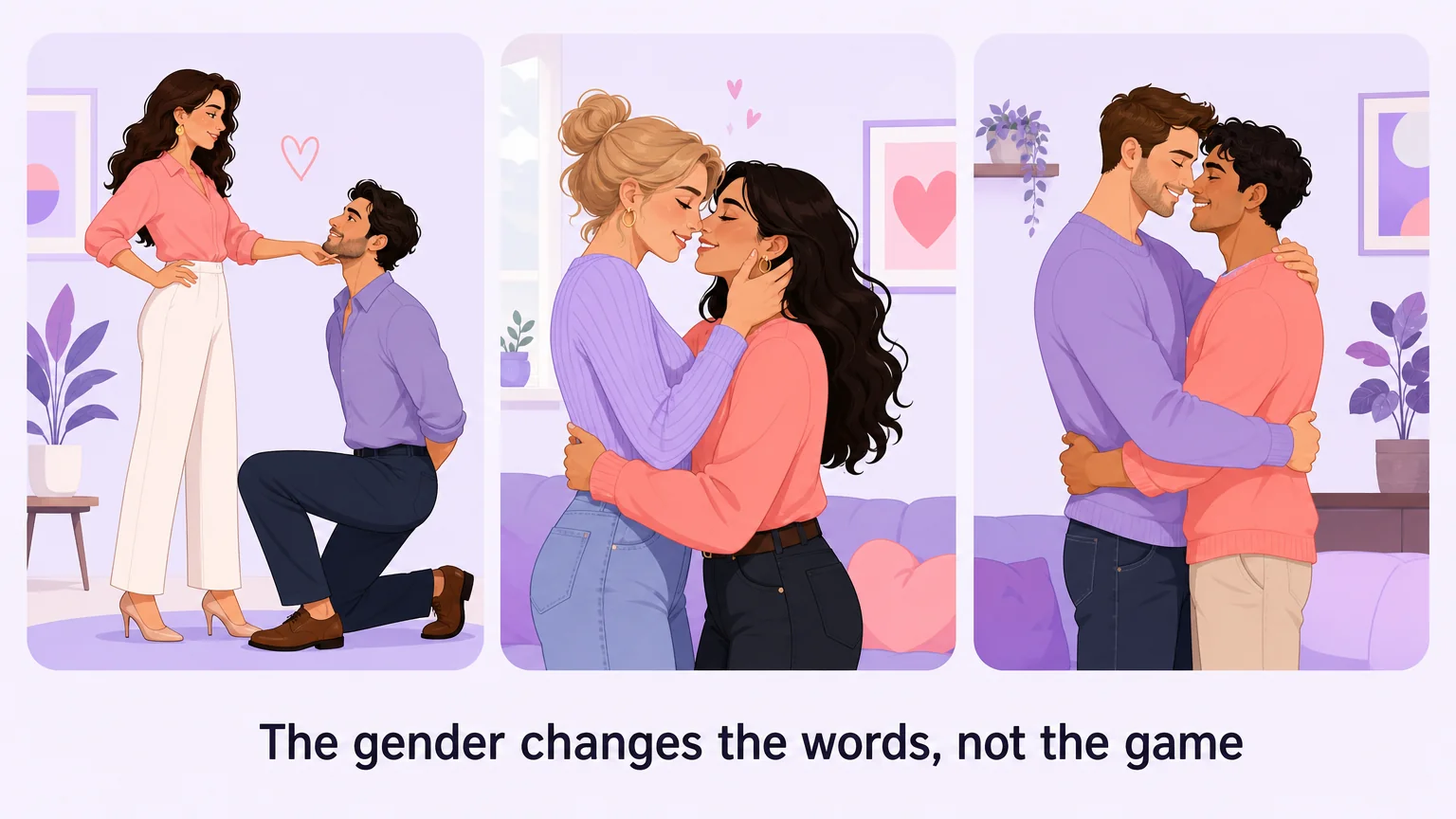 Every dynamic: the gender changes the words, not the game