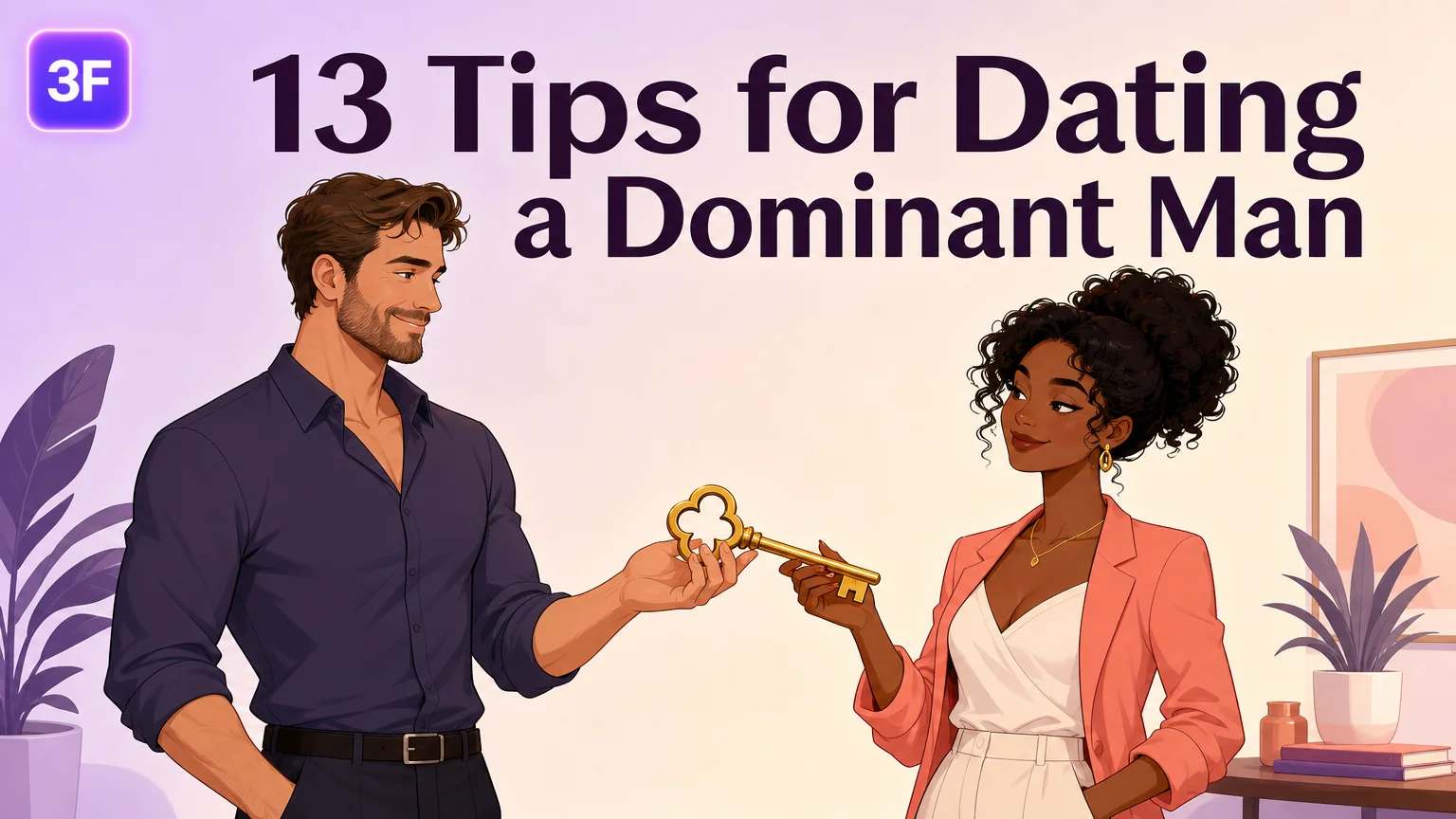 Cover art for 13 Tips for Dating a Dominant Man, a man handing a woman an oversized key