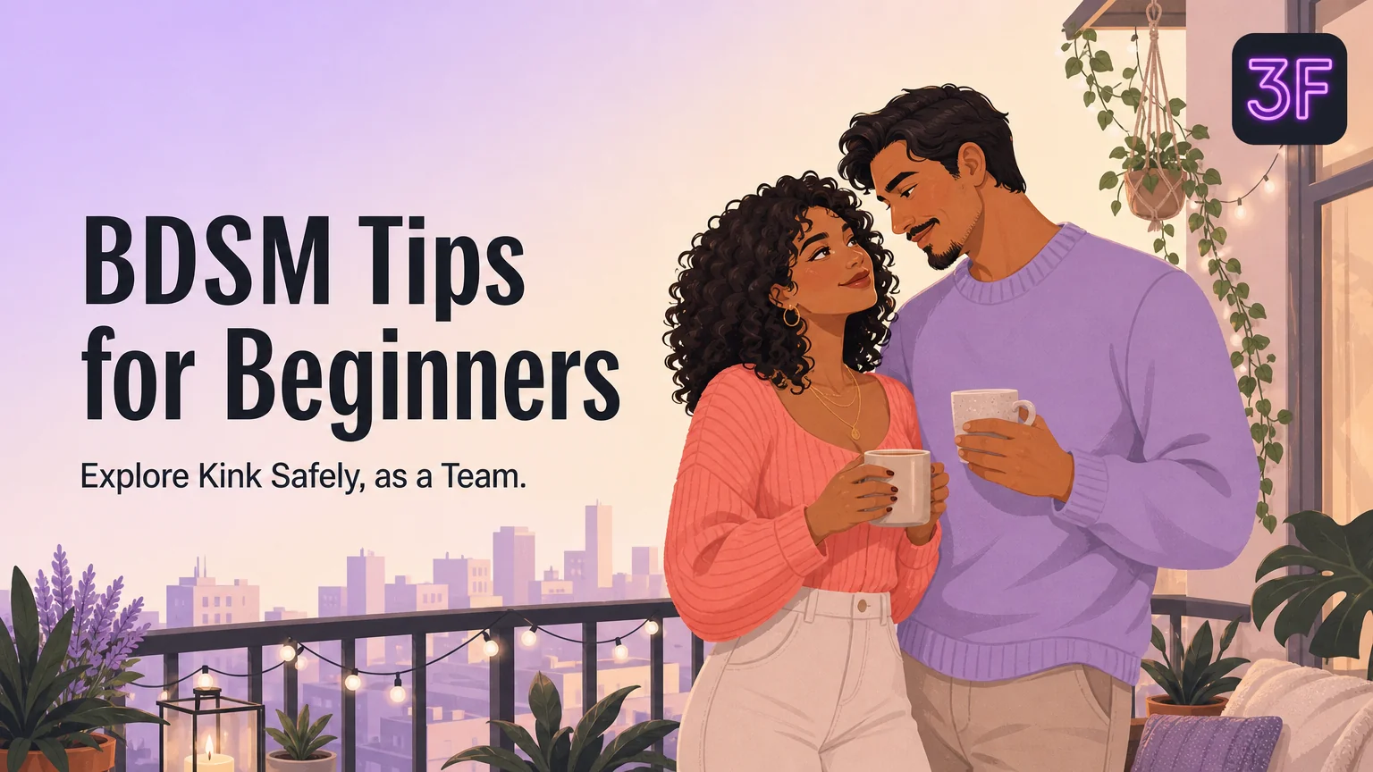 BDSM tips for beginners cover illustration: an adventurous adult couple on a balcony at warm light