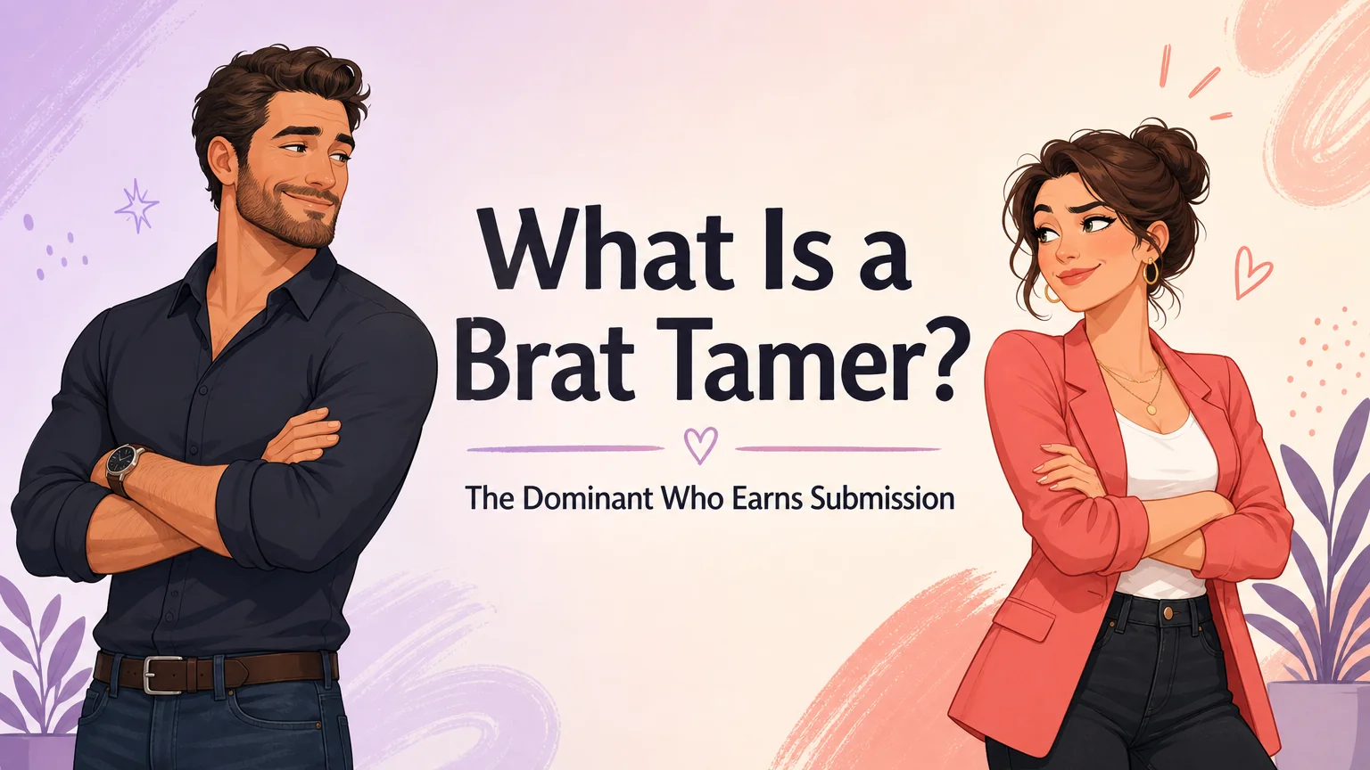 Cover illustration for What Is a Brat Tamer: a calm, steady dominant facing a playfully defiant brat in a warm pastel scene