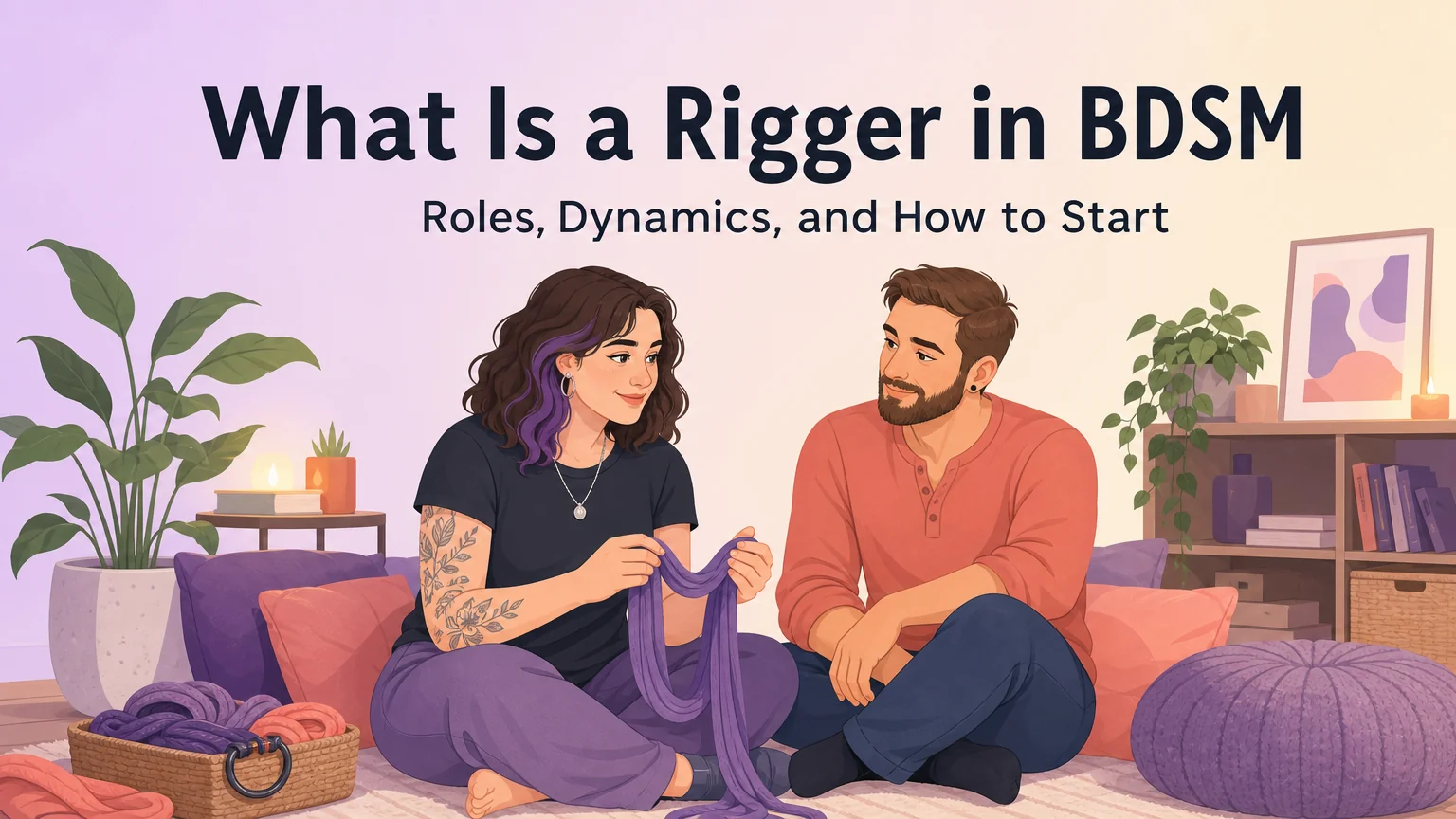 Cover image for What Is a Rigger in BDSM article — two people in a warm, trusting moment with soft pastel illustration style