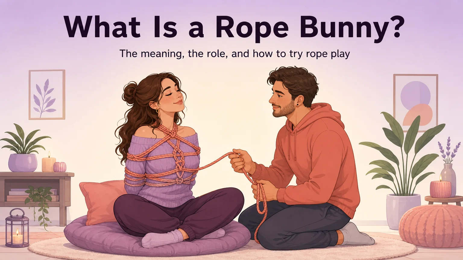 Cover illustration for what is a rope bunny, showing a woman wrapped in soft decorative rope with her partner kneeling beside her