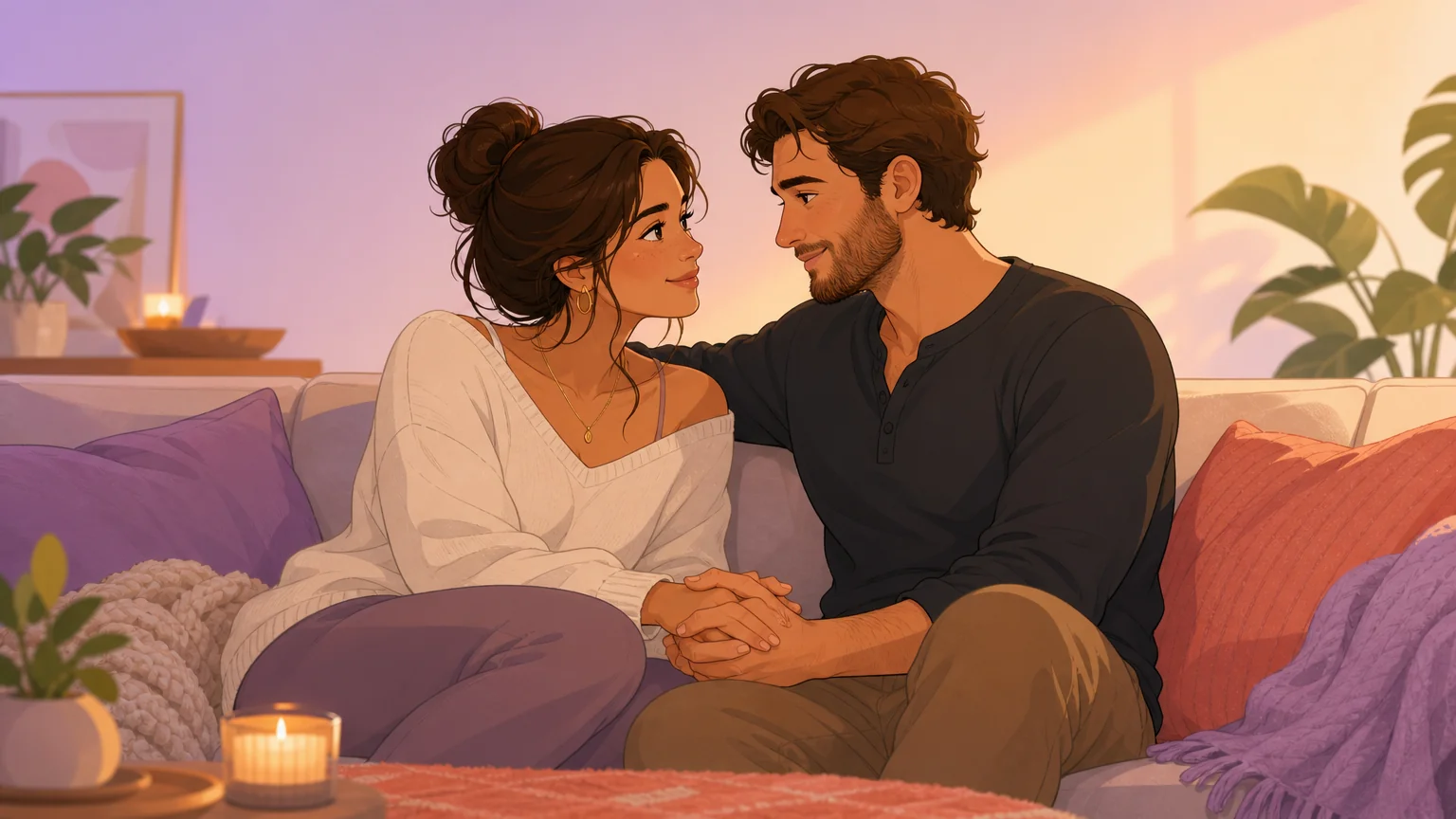 Two adult characters sitting close on a sofa, hands intertwined, sharing a moment of deep trust and emotional connection in warm golden light