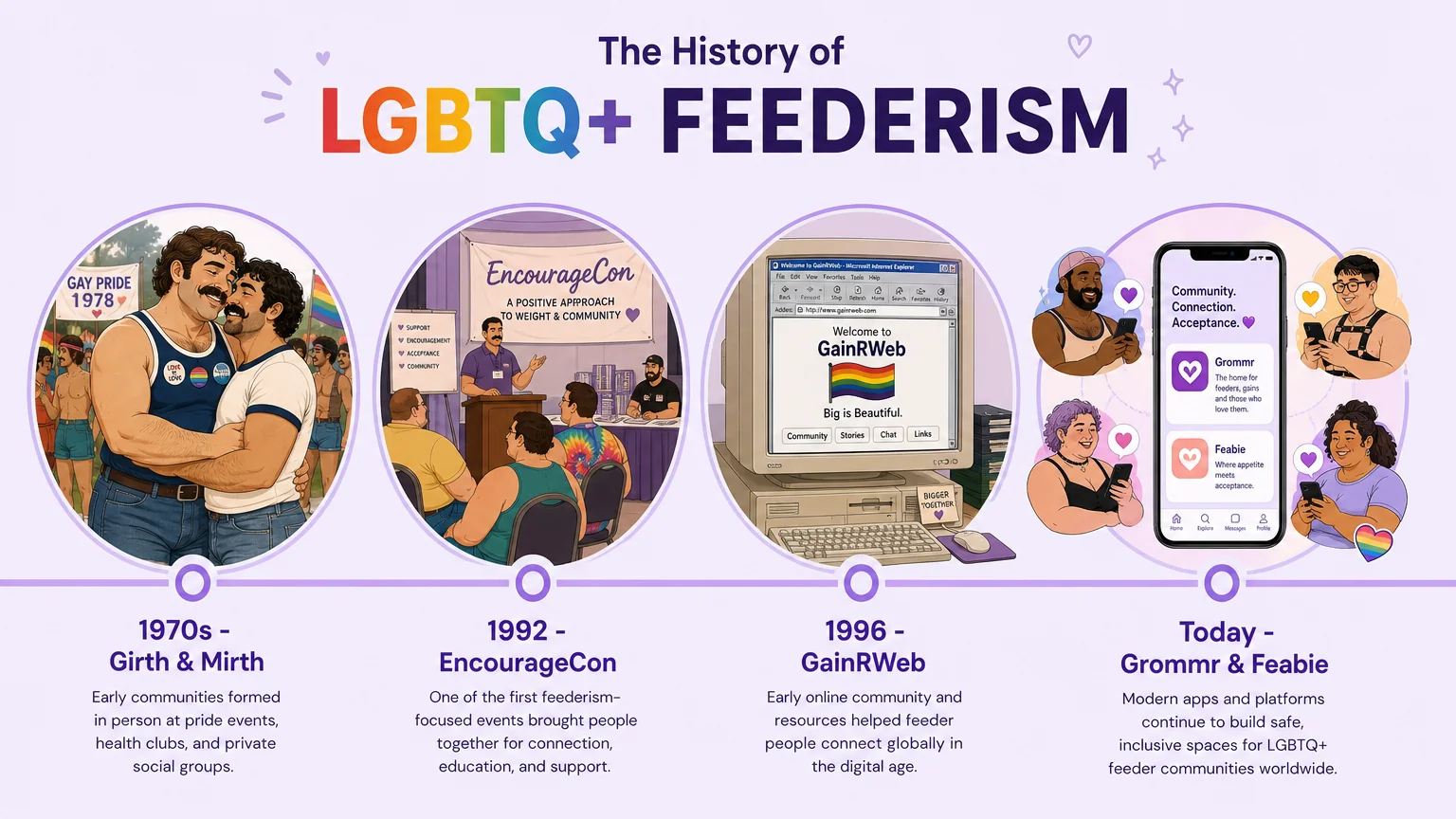 Timeline of LGBTQ+ feederism history from 1970s Girth and Mirth through EncourageCon 1992, GainRWeb 1996, to Grommr and Feabie today
