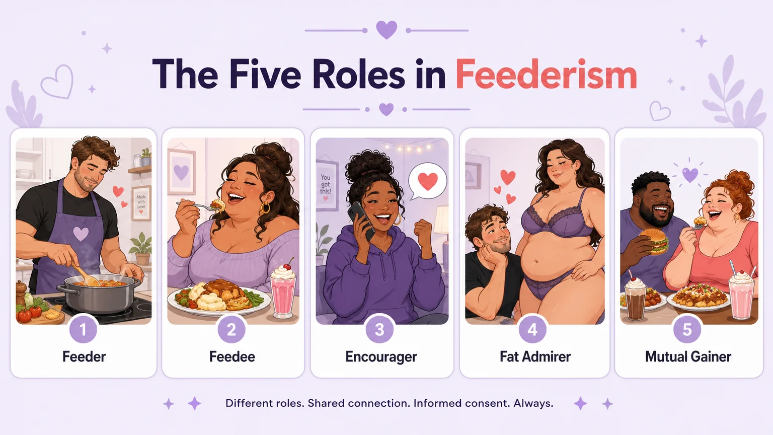 Five feederism roles illustrated as cards: Feeder cooking, Feedee enjoying a meal, Encourager cheering on a phone, Fat Admirer gazing adoringly, Mutual Gainer eating together