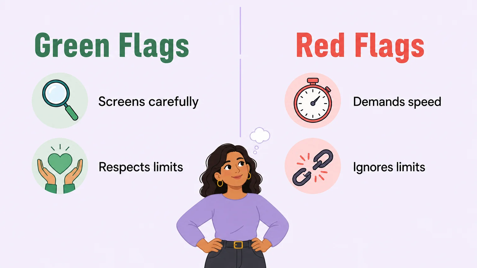 Green flags and red flags for vetting a new partner: screens carefully, respects limits, demands speed, ignores limits