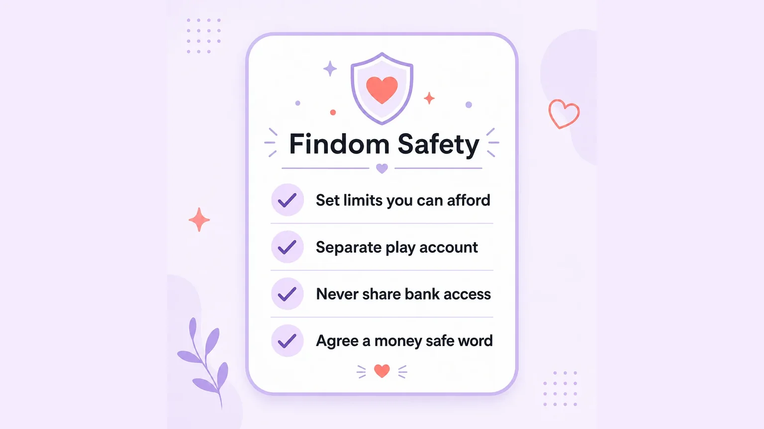 Findom safety checklist card: set limits you can afford, separate play account, never share bank access, agree a money safe word