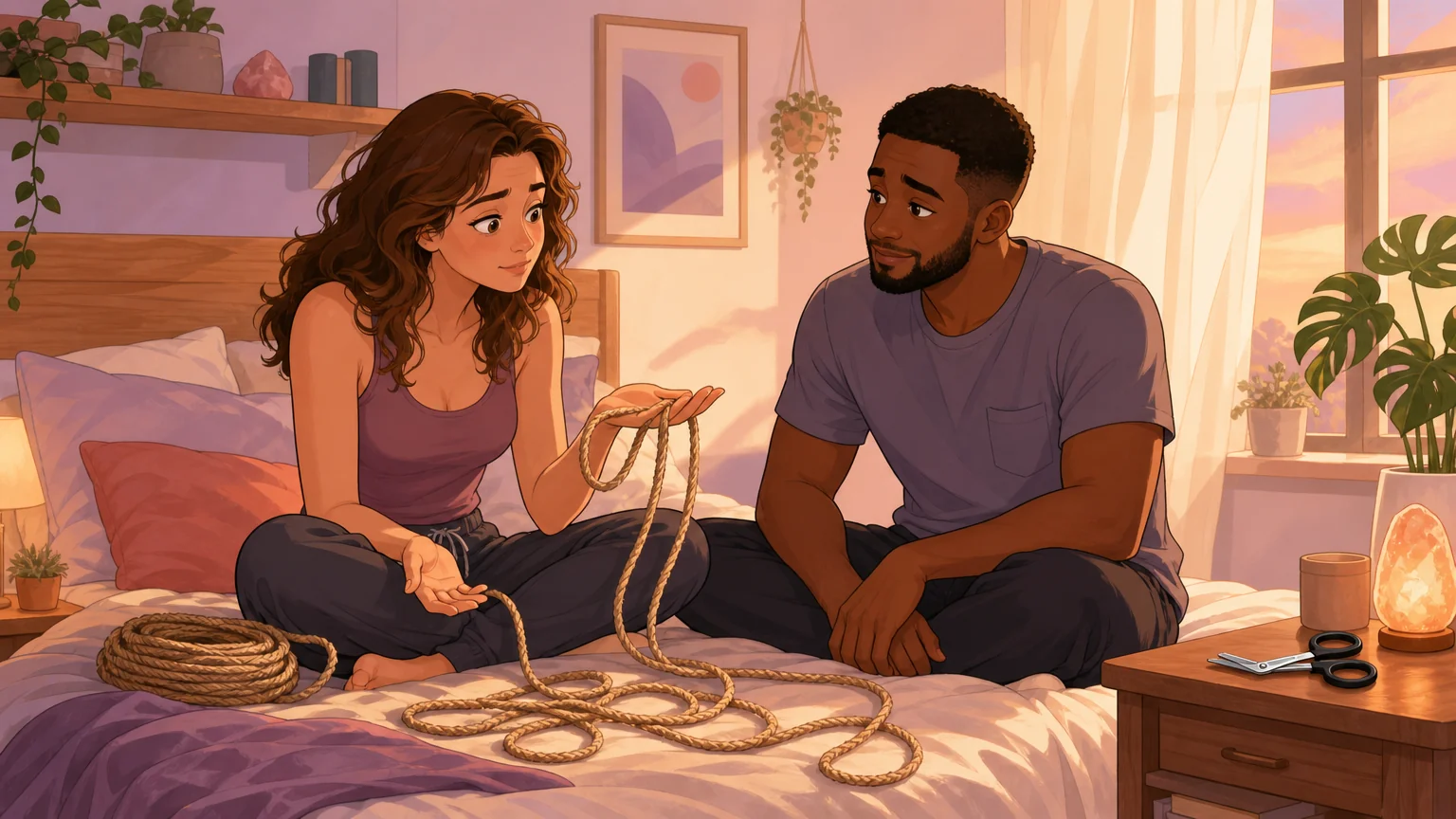 A couple on their bed at golden hour, an uncoiled length of rope between them — the universal "what do I actually do with this?" moment