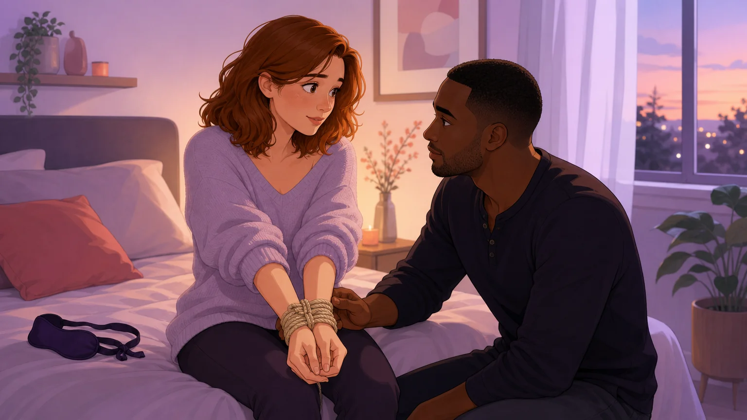 A couple during their first rope scene — she sits with wrists gently bound in front, looking up at her partner with quiet discovery; he kneels beside the bed, checking in