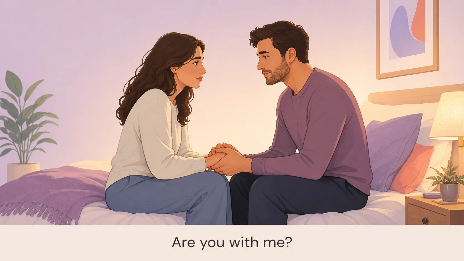 Two partners holding hands on the edge of a bed during a first scene check-in