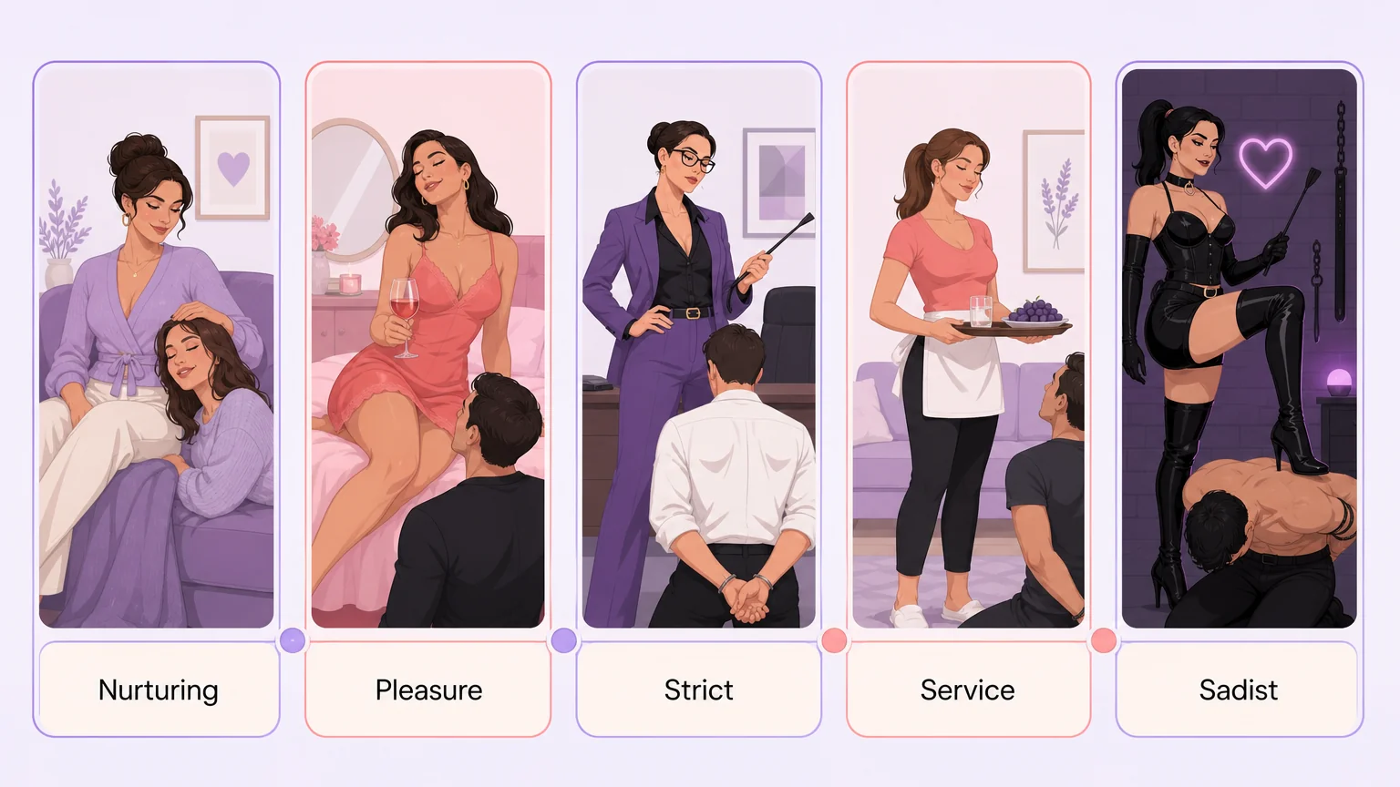 Five styles of domme shown as panels: Nurturing, Pleasure, Strict, Service, and Sadist