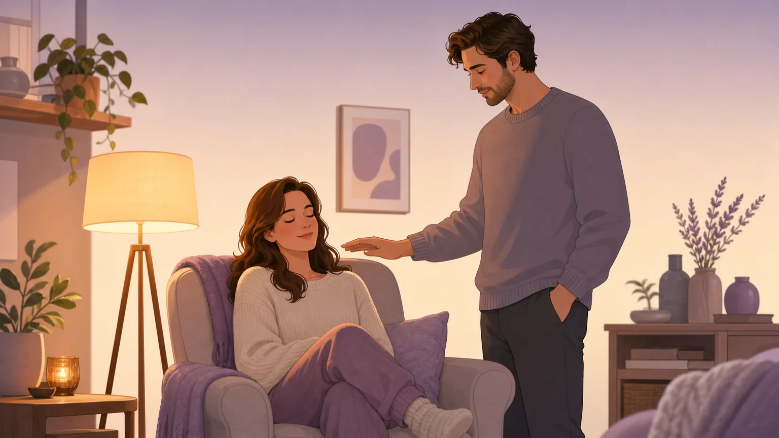 Two adult characters in a softly lit room — one sits in an armchair with eyes closed and a peaceful expression, the other stands beside them with a hand hovering just above their shoulder, conveying anticipation and trust