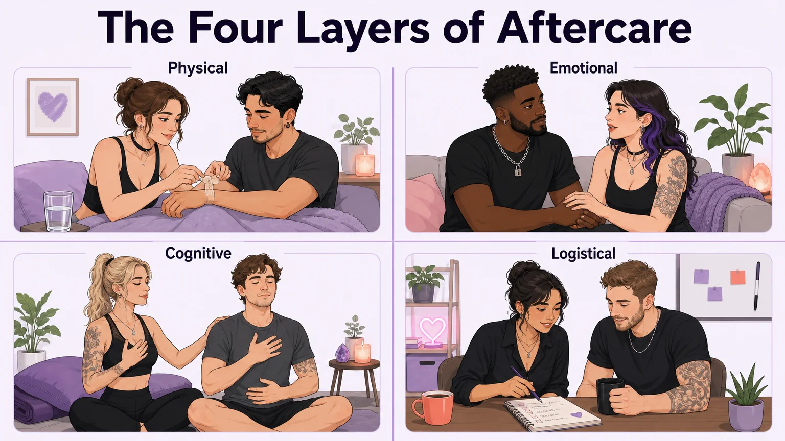 Four layers of BDSM aftercare illustrated as a 2x2 grid: physical care with wound tending, emotional care with gentle conversation, cognitive care with breathing guidance, and logistical care with a coffee debrief
