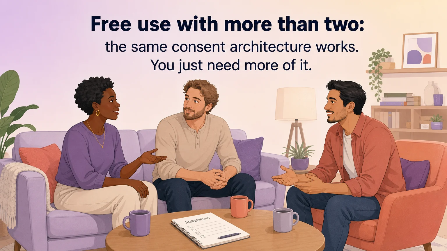 Three people in a living room having an open conversation — multi-partner dynamics require explicit communication
