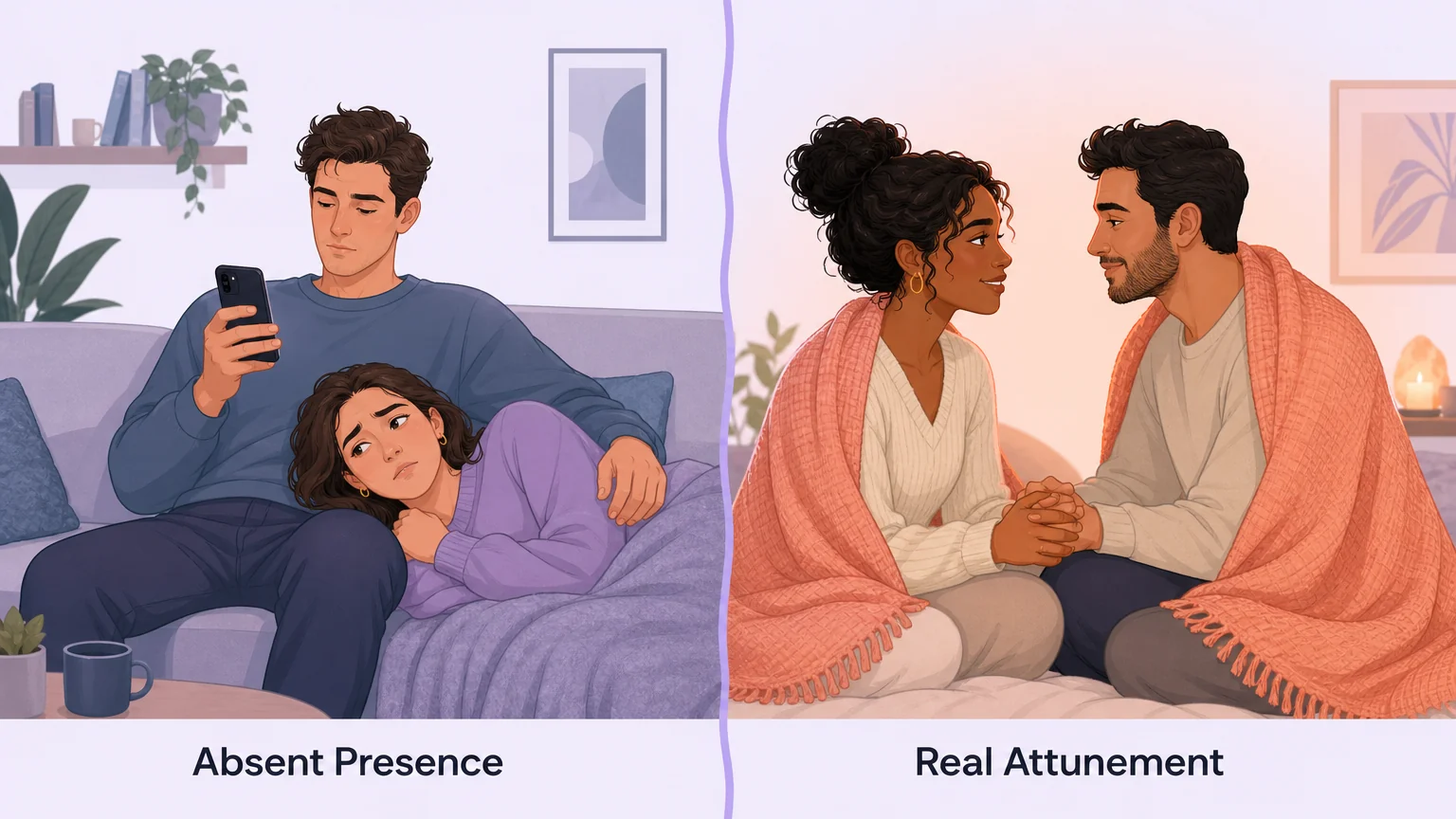 Split scene comparing absent presence where a partner scrolls their phone during aftercare versus real attunement with eye contact, gentle touch, and genuine connection