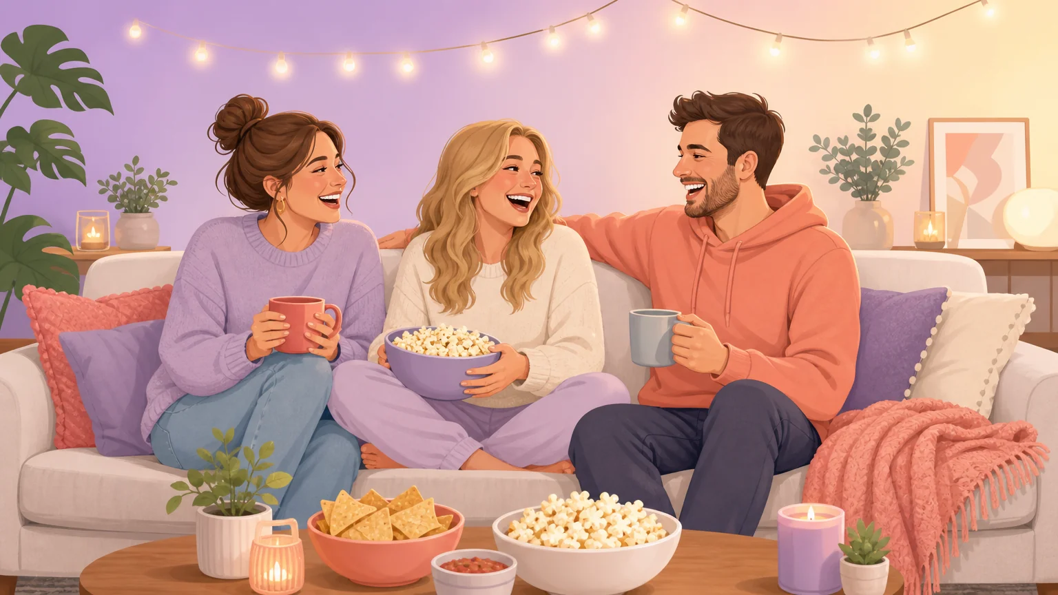 Three people laughing together on a sofa, a couple and a third, relaxed and equal