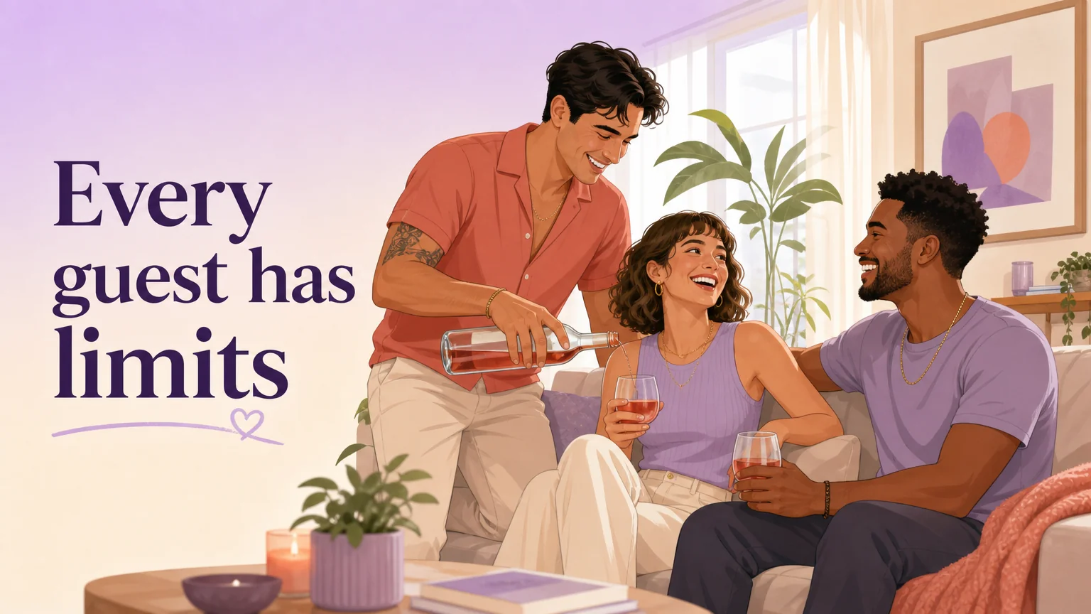 Group scene warmth: a couple and their guest laughing together, every guest has limits