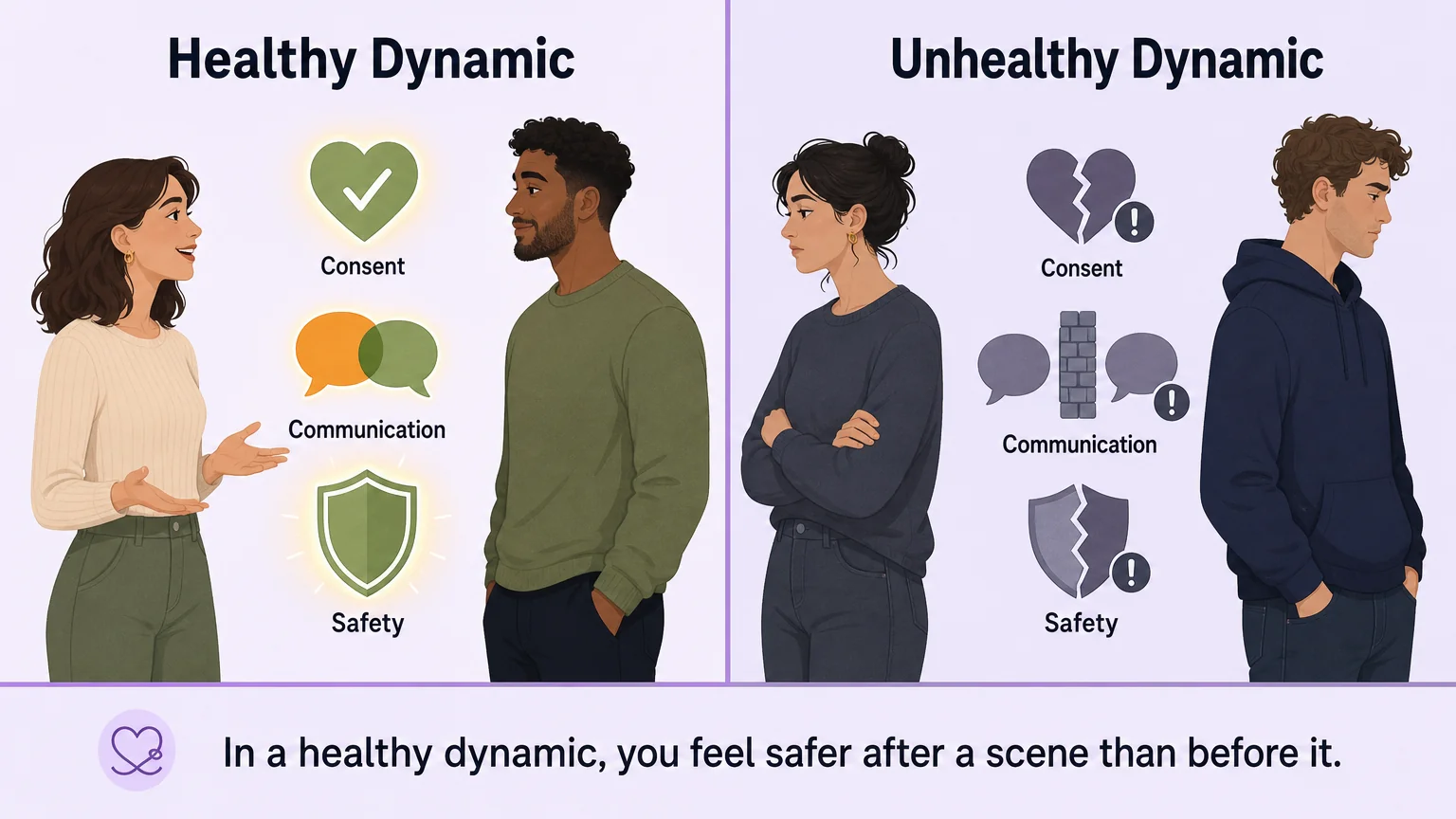 Healthy versus unhealthy dynamics — consent, communication, and safety as the dividing line
