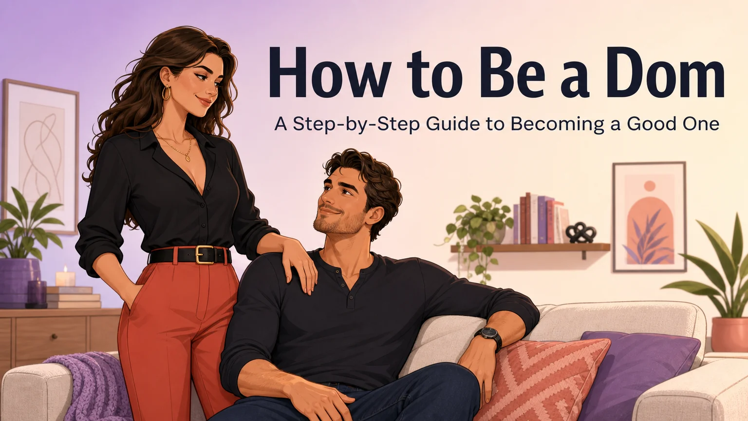 How to Be a Dom cover: a confident woman and a relaxed man on a sofa in soft lavender illustration style