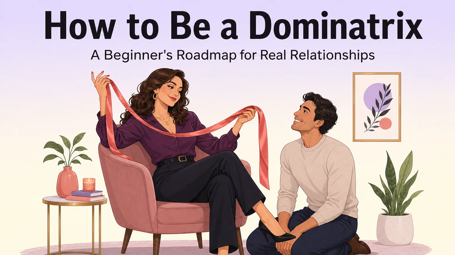 Illustration of a woman playfully guiding her partner from an armchair, with the title "How to Be a Dominatrix"