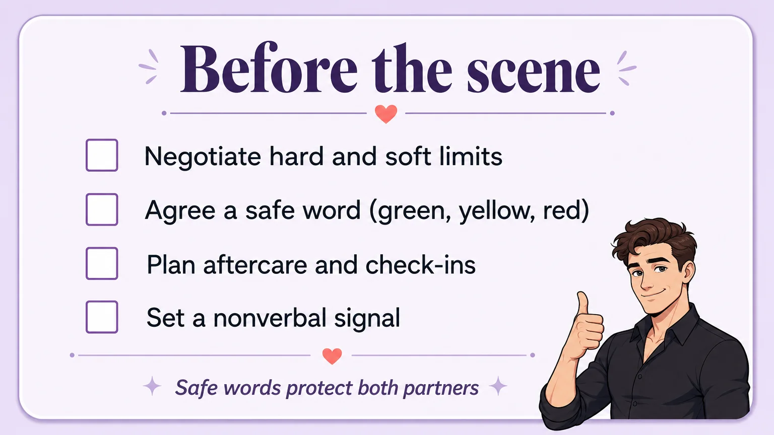 Before the scene checklist for how to be a good dom, safe words and aftercare