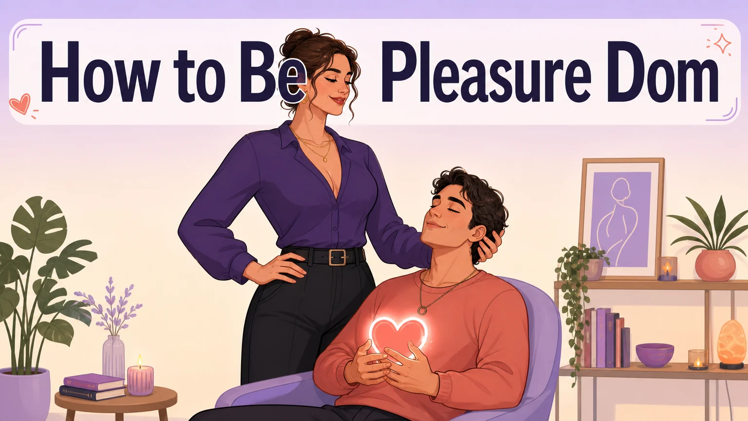 How to Be a Pleasure Dom cover: a confident adult guiding a relaxed partner toward pleasure, with a title banner