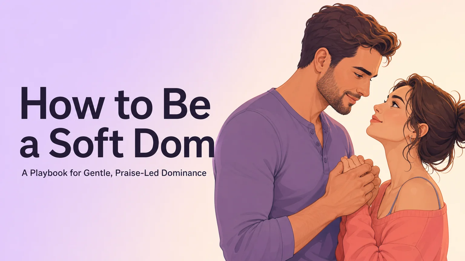 Cover illustration for a how to be a soft dom guide showing a soft dom gently leading a partner