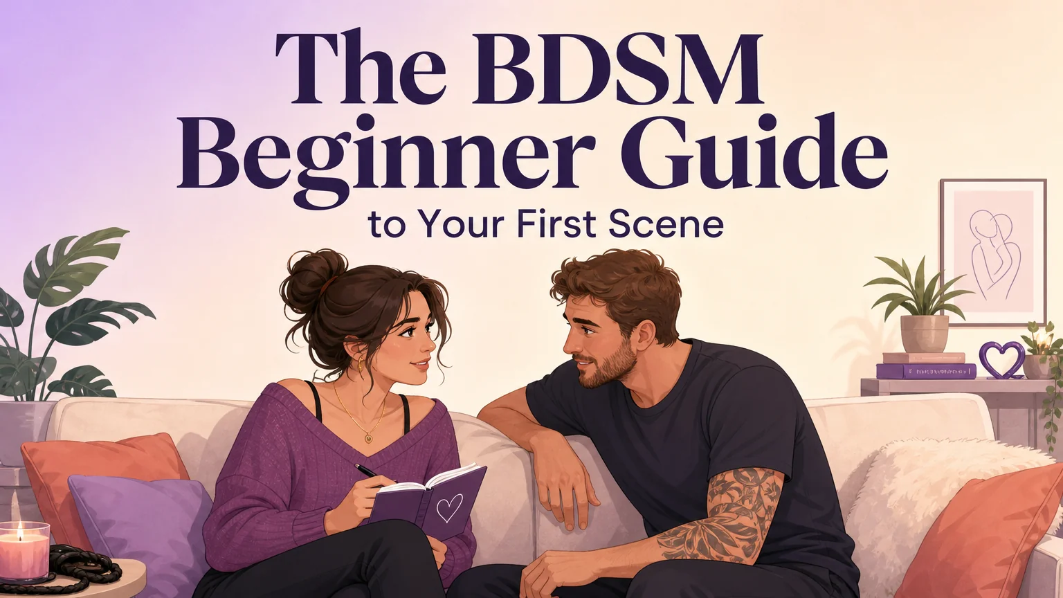 The BDSM Beginner Guide to Your First Scene cover illustration, a couple in warm conversation on a couch
