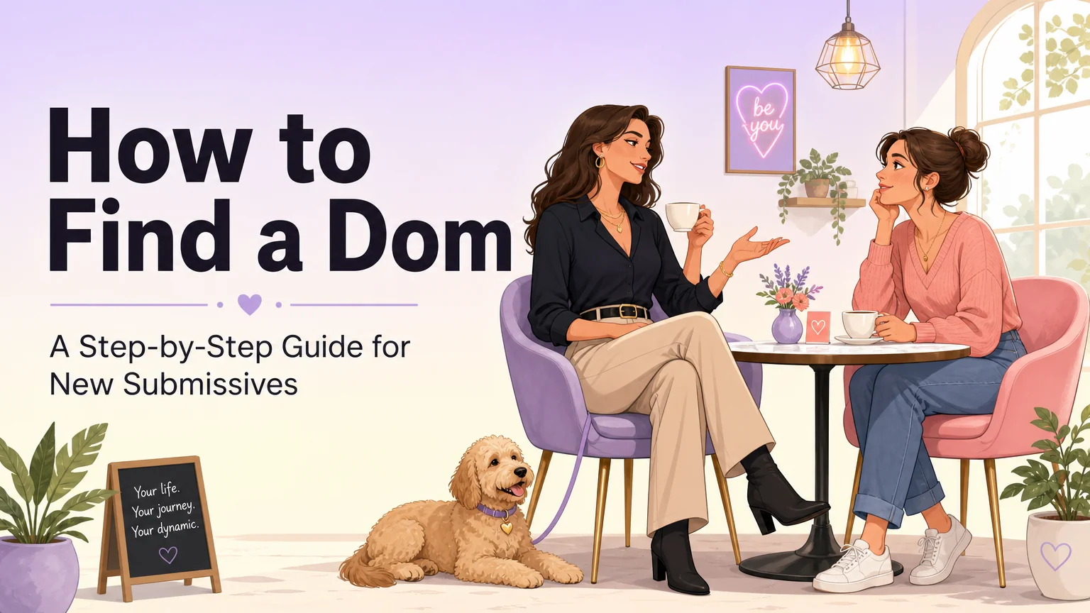 How to find a dom: cover illustration of two adults in friendly conversation over coffee at a cafe