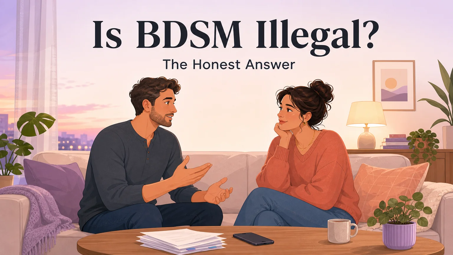 Is BDSM Illegal cover illustration — a couple in warm, honest conversation on a couch at dusk