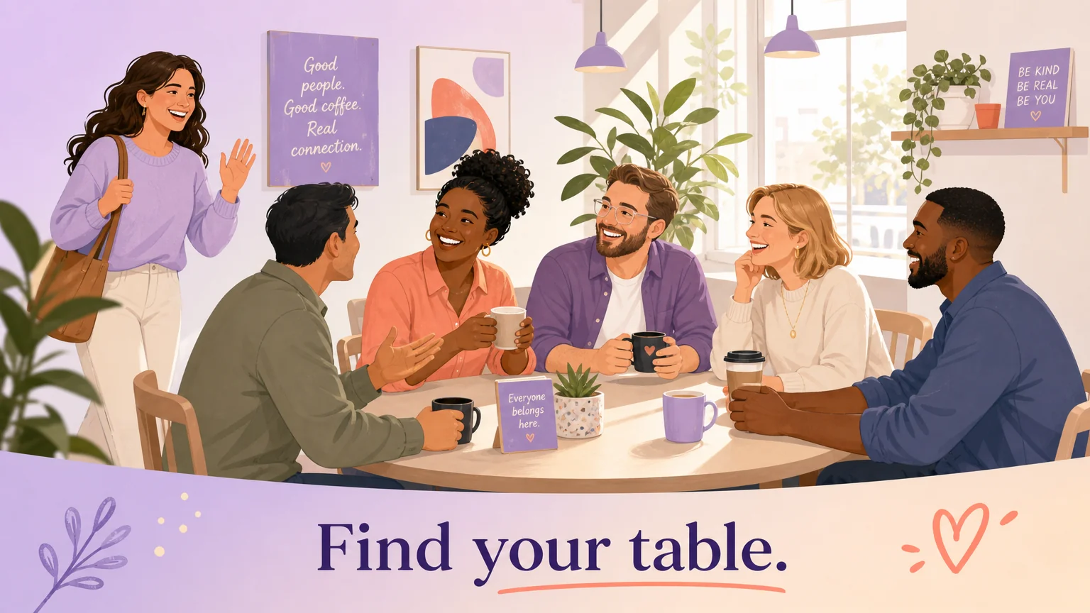 Diverse group of adults at a friendly kink community munch meetup in a cafe