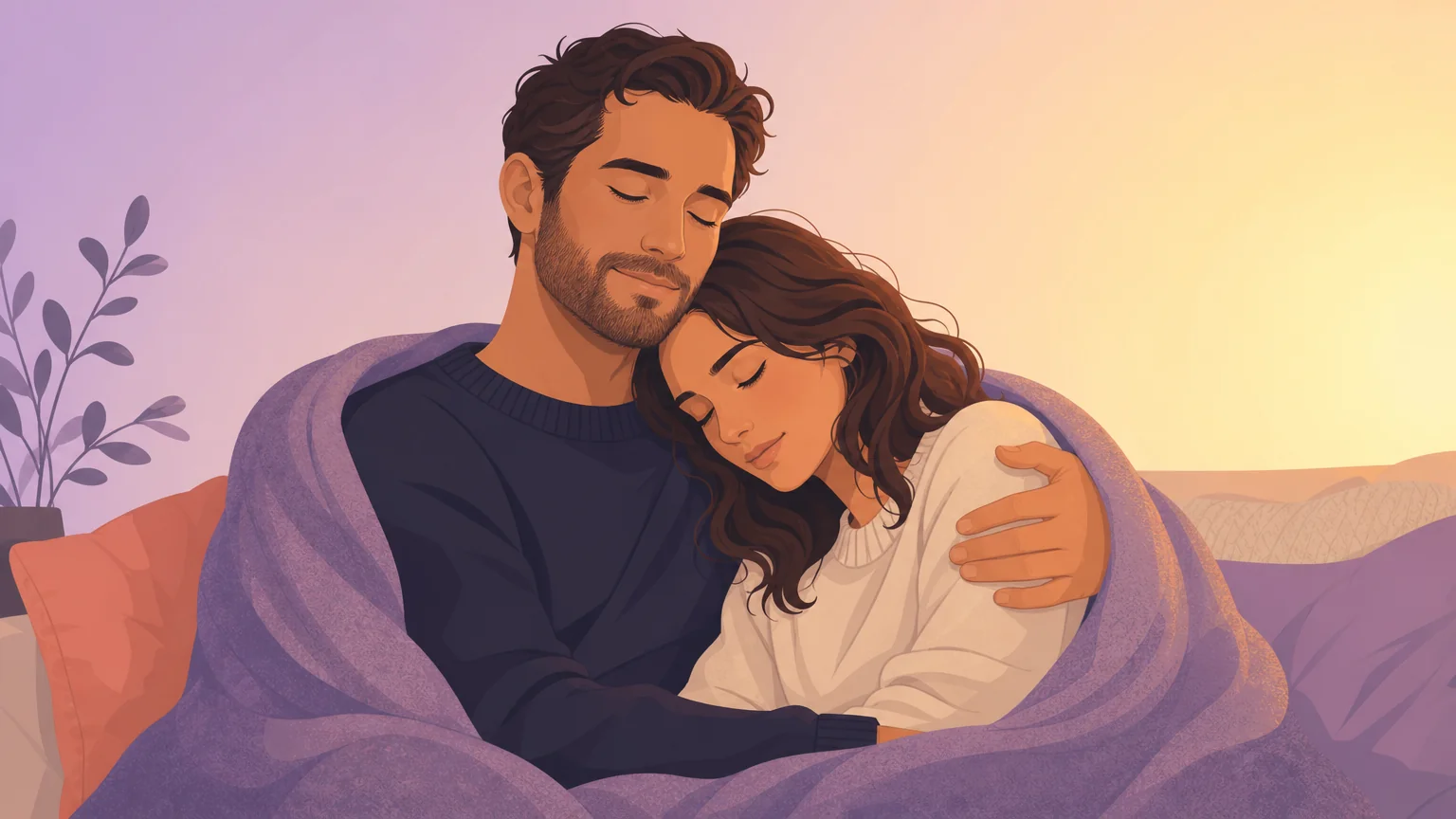 A safe protected moment: an adult rests their head on their partner's shoulder under a blanket