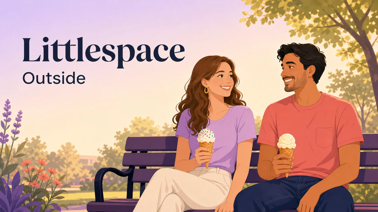 Two adults on a park bench sharing ice cream, one wiping a drip off the other's chin