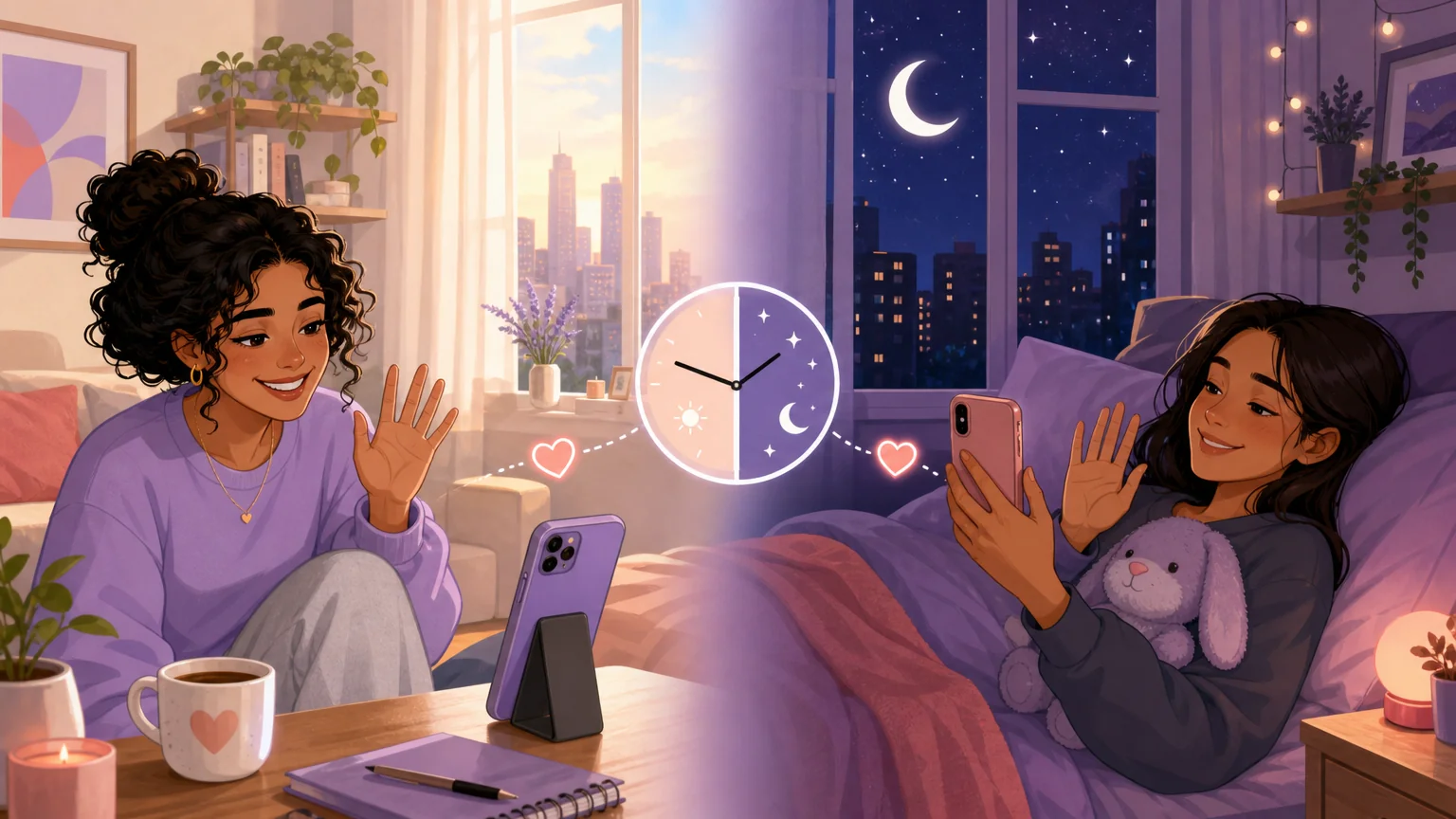 A split-screen illustration of a couple connecting across time zones — one in morning light, the other at night, bridged by a video call