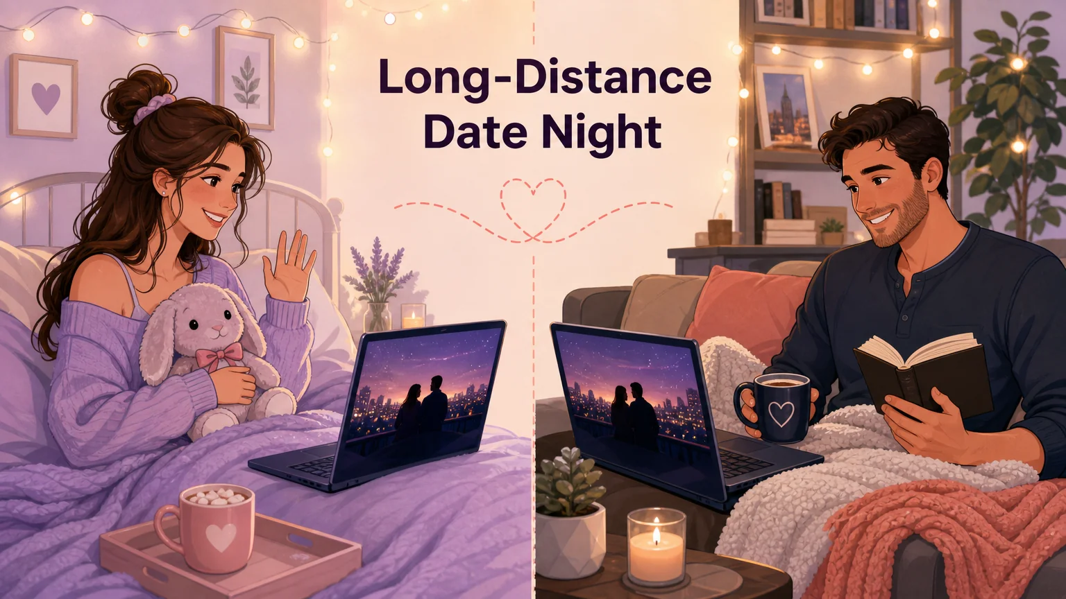 Split-screen illustration of a long-distance DDLG date night with two adults on video call