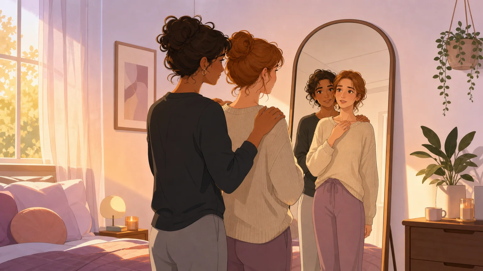 Two adult characters standing before a full-length mirror in warm golden-hour light — one behind the other with hands on their partner's shoulders, both looking at their shared reflection with expressions of tenderness and discovery