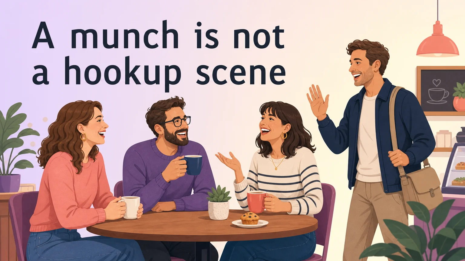 Three people chatting over coffee at a casual community meetup