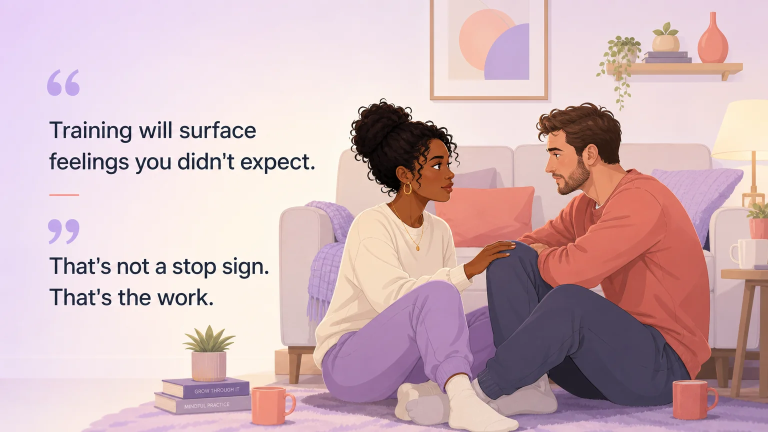 A couple sharing an honest, vulnerable moment — the kind of conversation where difficult emotions are met with presence instead of judgment
